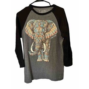 Riot Society Men's Long Sleeve T Shirt S Gray & Black Tribal Elephant Crew Neck